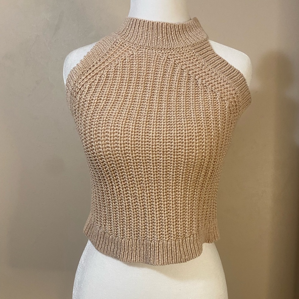 Wishlist Tank Top Sleeveless Sweater Knit Beige High Neck Crop Shirt Small